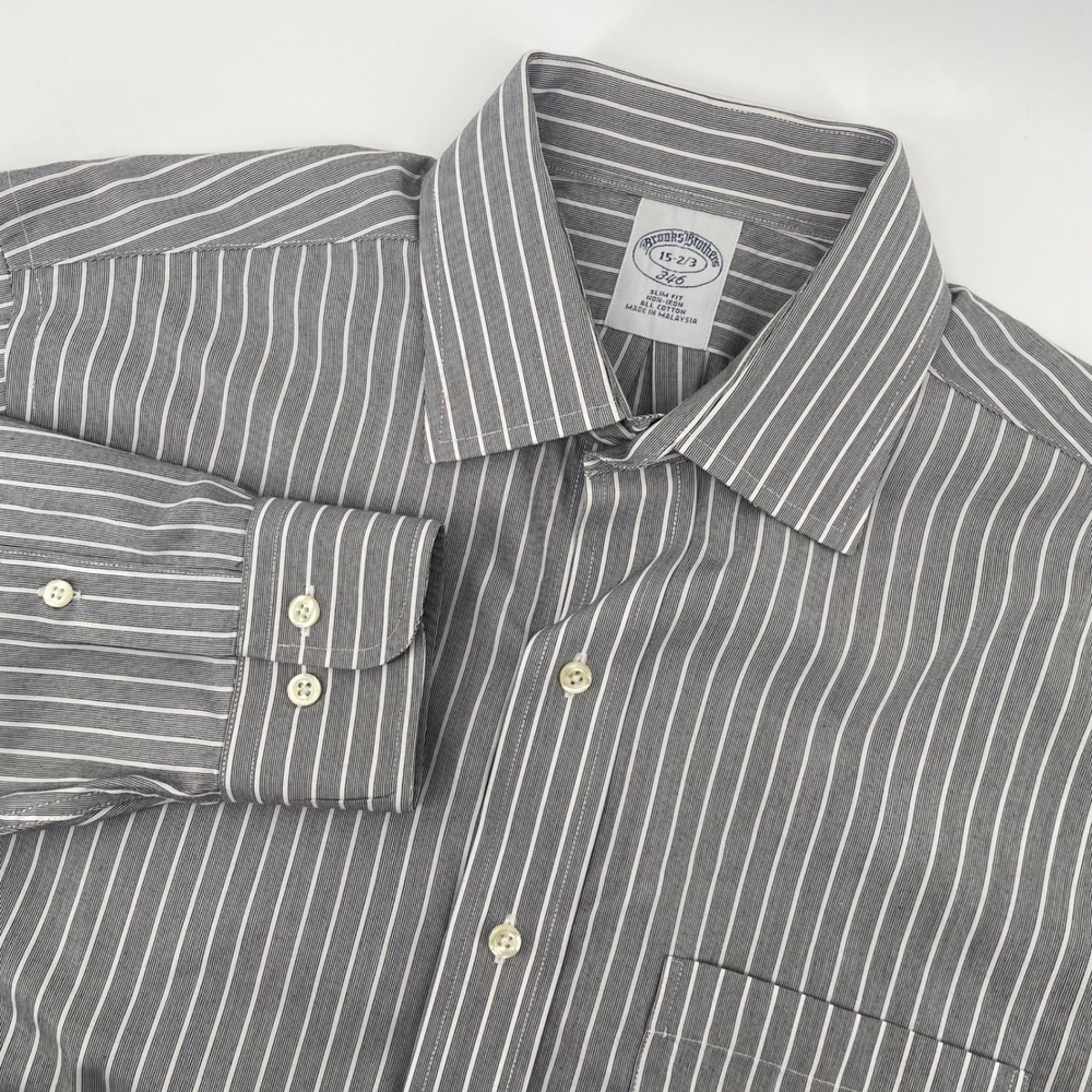 Brooks Brothers Dress Shirt Men 15 2/3 Grey Striped Slim Fit Non-Iron Cotton 346